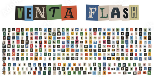 Alfabeto y numeros estilo nota de rescate para promocion de venta flash en collage
