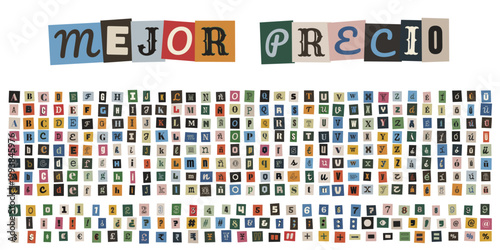 Alfabeto de recortes estilo nota de rescate con frase mejor precio para promociones creativas