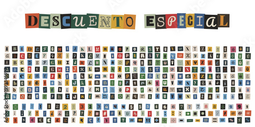 Alfabeto y números estilo nota de rescate para publicidad de descuento especial y ofertas