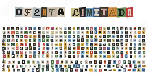 Alfabeto de recortes estilo nota de rescate para diseño de oferta limitada