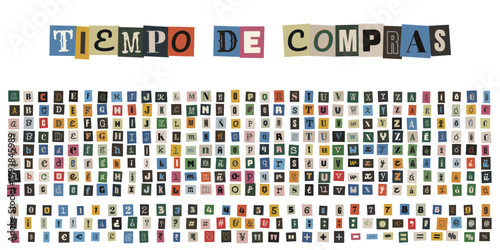 Alfabeto de recortes de revista estilo nota de rescate con frase tiempo de compras para diseño creativo
