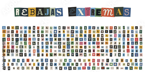 Letras estilo nota de rescate para publicidad de rebajas extremas y descuentos