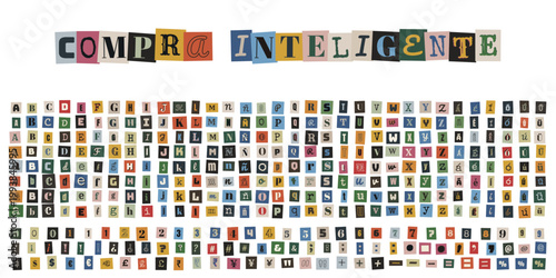 Alfabeto de recortes de revista estilo nota de rescate para compra inteligente