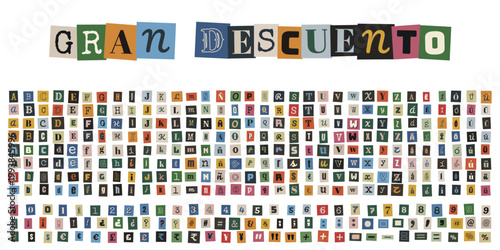 Alfabeto de recortes estilo nota de rescate para anuncios de gran descuento y ofertas