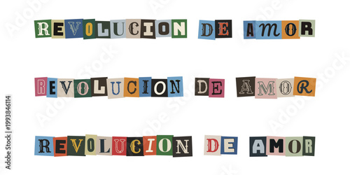 Texto Revolucion de Amor con letras recortadas estilo collage retro y activismo social