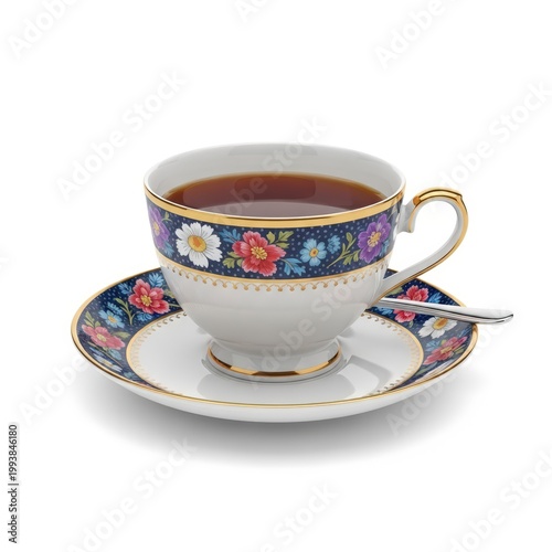 Ornate Floral Teacup Filled with Dark Tea on Matching Saucer with Gold Trim, Isolated on White Background