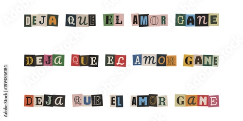 Frase deja que el amor gane en estilo nota de rescate con letras recortadas para inclusion y paz