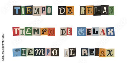Letras recortadas estilo nota de rescate con la frase tiempo de relax para conceptos de salud mental