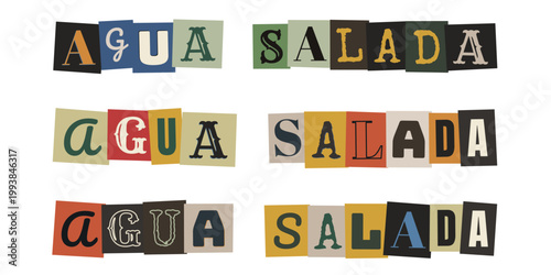 Letras recortadas formando la frase agua salada estilo collage vintage y retro