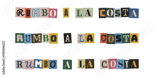 Texto Rumbo a la Costa estilo collage de recortes de revista para diseño creativo y misterio