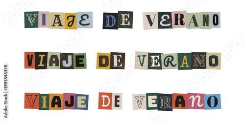 Frase viaje de verano en letras recortadas estilo collage para diario de vacaciones