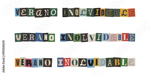 Frase verano inolvidable en estilo de recortes de revista para scrapbook y diseño creativo retro