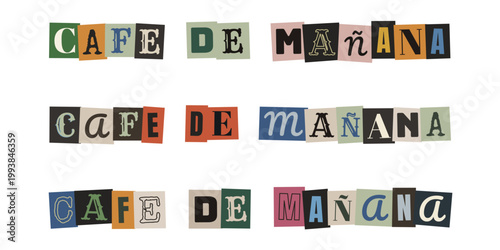 Letras recortadas estilo nota de rescate con frase Cafe de Mañana para diseño de fanzine retro