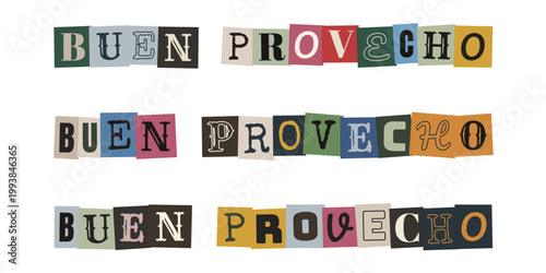 Frase buen provecho en estilo de nota de rescate anonima para decoracion de cocina