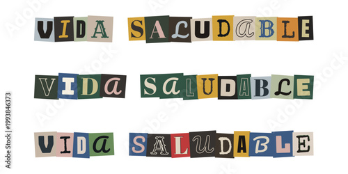 Frase vida saludable con letras recortadas de revista estilo collage para diseño de bienestar