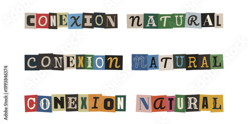 Letras recortadas formando la frase conexión natural estilo fanzine y diseño sostenible