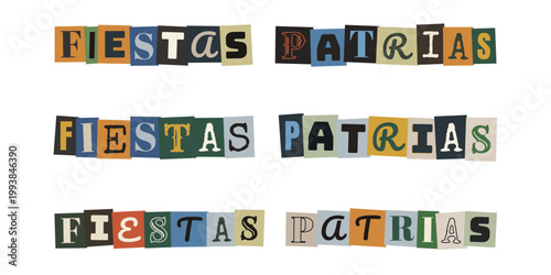 Letrero de Fiestas Patrias en estilo collage de letras recortadas vintage para celebraciones
