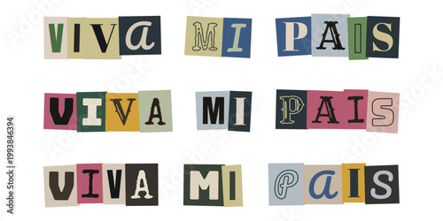 Frase Viva mi pais con letras recortadas estilo collage para activismo social y orgullo nacional