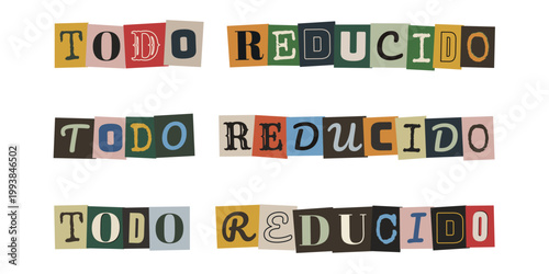 Letrero de todo reducido con letras recortadas estilo collage para promociones de tiendas