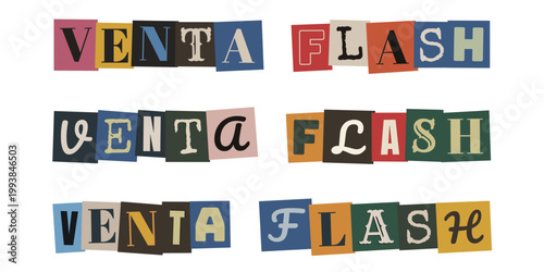 Texto venta flash estilo nota de rescate con letras de recortes de revista vintage