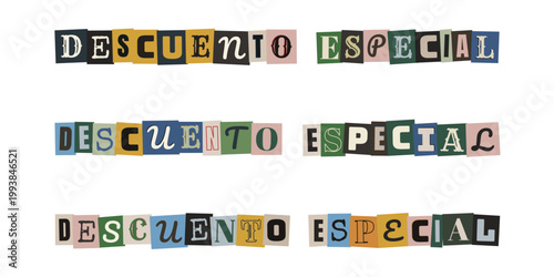 Letras de revista recortadas estilo nota de rescate para descuento especial y marketing creativo