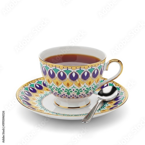 Ornate Teacup Filled with Tea and Silver Spoon Isolated on White Background