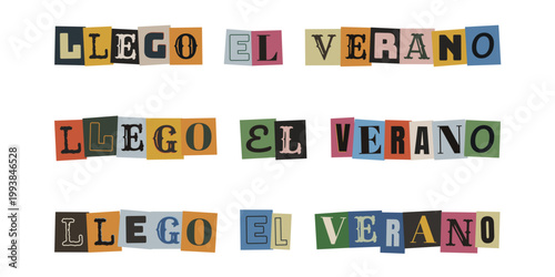 Llego el verano frase en estilo nota de rescate vintage para diseño retro