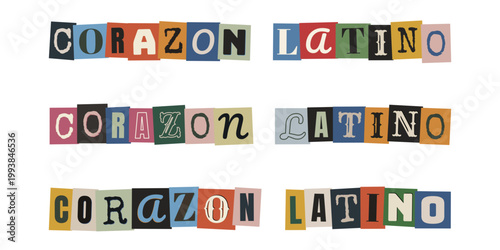 Mensaje de identidad cultural Corazon Latino con tipografia retro de recortes de periodico