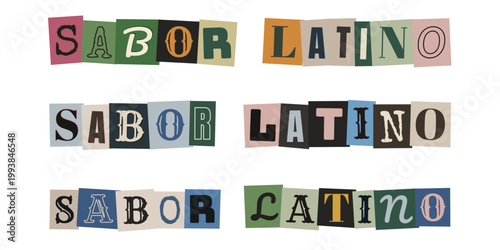Sabor Latino texto con letras recortadas estilo collage para diseño de marca gastronómica retro
