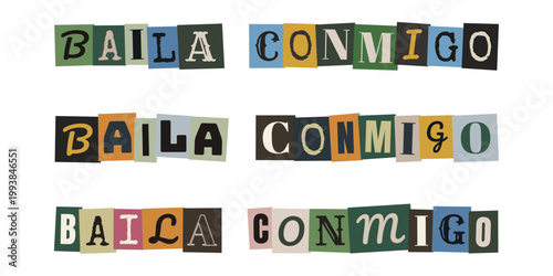 Letras de recortes estilo fanzine con frase Baila Conmigo para promoción de eventos de baile latino