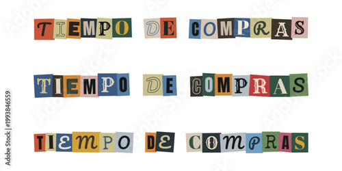 Letras recortadas con la frase tiempo de compras para marketing de guerrilla y rebajas