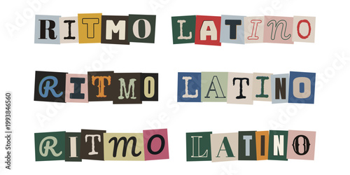Frase Ritmo Latino en estilo collage de letras recortadas para diseño de fanzines y eventos musicales.