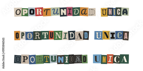 Texto oportunidad unica con letras recortadas estilo nota de rescate para marketing creativo