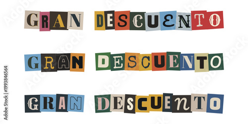 Texto gran descuento con letras recortadas estilo nota de rescate para promocion creativa