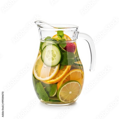 Infused Water Pitcher with Lemon, Lime, Cucumber and Mint, Raspberry Isolated on White Background