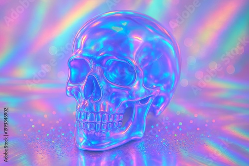 Iridescent human skull with holographic colors and light reflections for futuristic art and design. concept of vibrant colors, skull decor, modern aesthetics