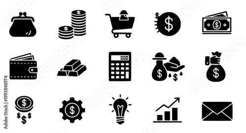 Solid Black Finance Shopping Icon Set Money Wallet Cart Growth Vector Collection