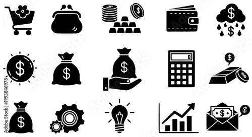 Finance Commerce Solid Black Icons Collection Money Cart Wallet Vector Set