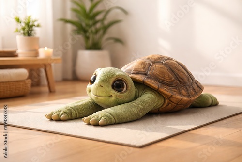 Cute baby turtle relaxing on living room carpet near potted plants. concept of adorable decor, cozy interior, nature-inspired design