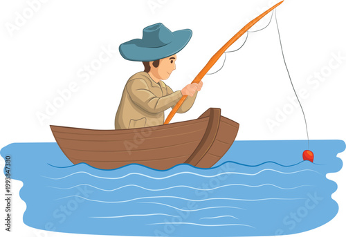 Cartoon Fisherman in Boat Fishing on Lake