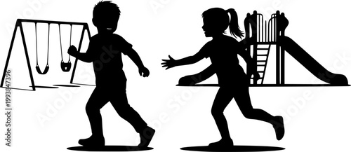 Children Playing Tag Vector Silhouette; Boy and Girl Running and Chasing on Playground, Active Kids Game