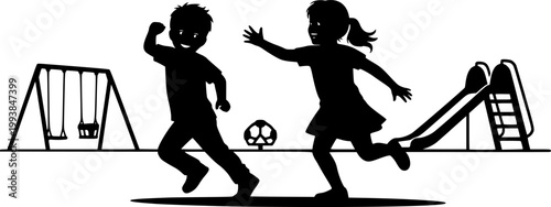 Children Playing Tag Vector Silhouette; Boy and Girl Running and Chasing on Playground, Active Kids Game