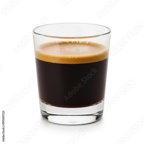 Espresso Shot in Clear Glass with Golden Crema Isolated on White Background
