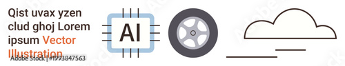 Artificial intelligence, cloud computing, automotive industry, technology design, digital transformation, innovation. ion includes AI chip, vehicle wheel and cloud outline. Artificial intelligence