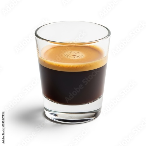 Espresso Coffee in Shot Glass with Golden Crema Isolated on White Background