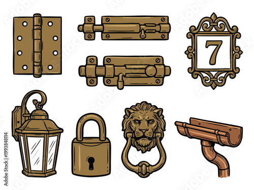Collection of Vintage Hardware and Architectural Details Illustration.
