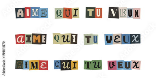 Aime qui tu veux message inclusif en lettres découpées style collage pour la diversité et les droits