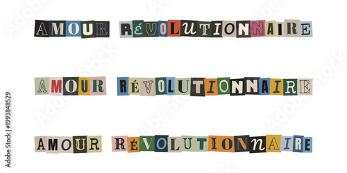 Amour révolutionnaire en lettres découpées style collage pour militantisme queer et activisme social