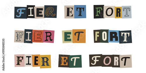 Citation de motivation Fier et Fort en lettres découpées style collage pour la fierté et la résilience