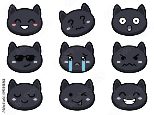 Cute Black Cat Emoticons Set.